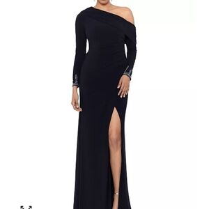 Betsy & Adam Chrishell Long Jersey Knit Off the Shoulder Overlay with Beaded Sle